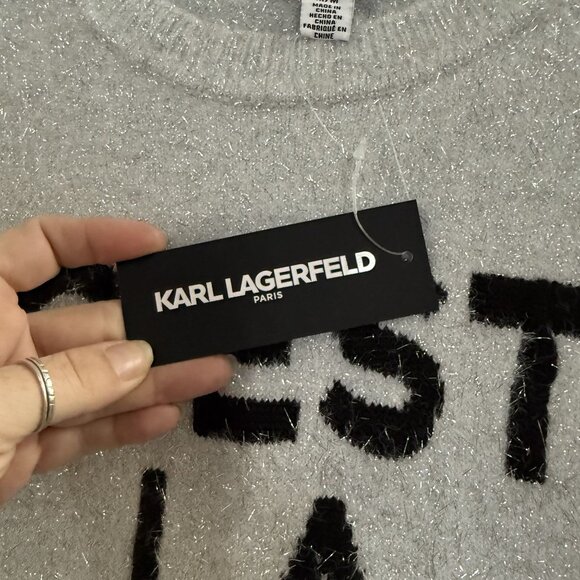 NWT Karl Lagerfeld Silver Fuzzy Gray C'est La Vie Sweater Crewneck Metallic Sz M - Picture 4 of 5